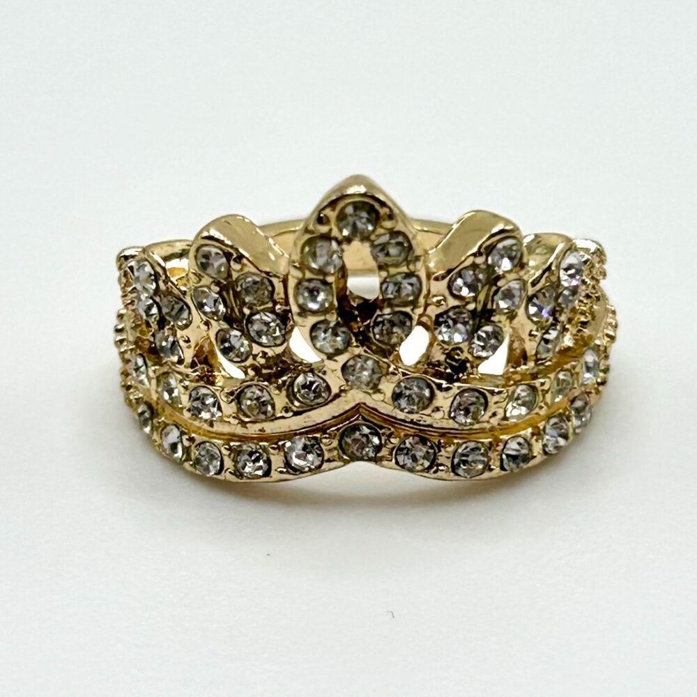 Rhinestone Crown Ring Gold-Tone Size 6.5